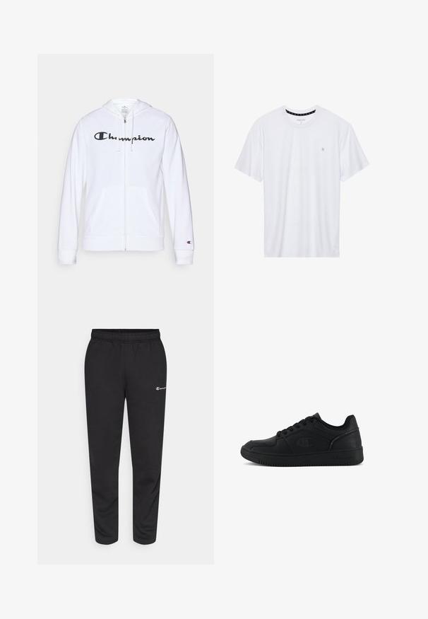 Valkoinen vetoketjullinen huppari, joka on valmistettu pehmeästä kankaasta. Hupparissa on musta "Champion"-logo rinnassa, kengurupocketsit ja ribbauskkeet.; Valkoinen pyöreäkauluksinen t-paita, joka on valmistettu puuvillasta. Siinä on lyhyet hihat ja pieni logo brodeerattuna vasempaan rintakehään. Pehmeä pinta.; Mustat verkkarit, jotka on valmistettu puuvillasekoitteesta. Niissä on joustava vyötärö ja pieni valkoinen logo vasemmalla puolella. Kapeneva lahkeensuunnittelu.; Champion REBOUND 2 0 LOW - Koripallokengät - black