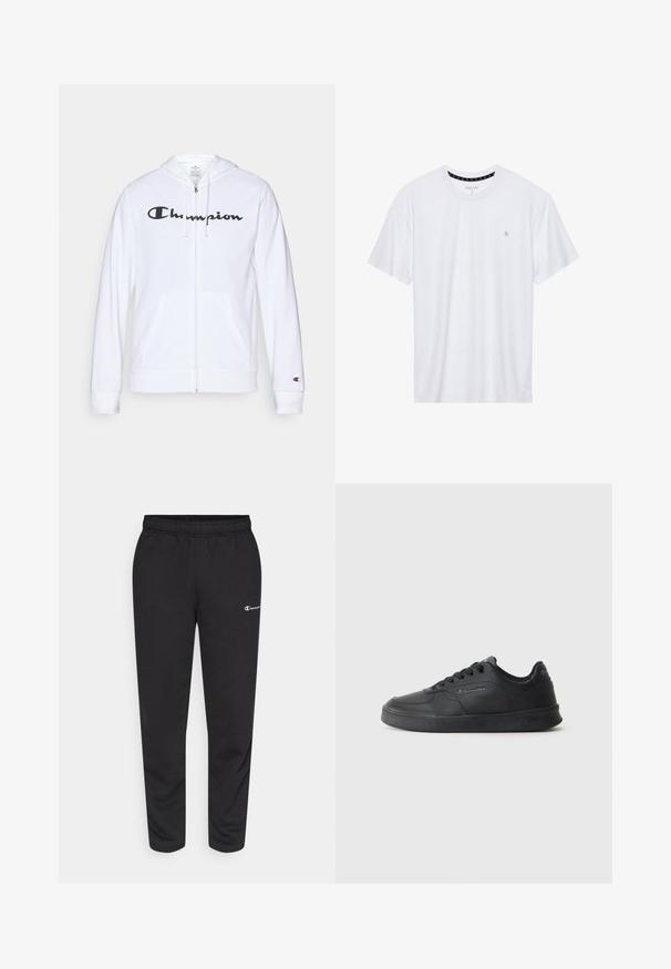 White zip-up hoodie made of soft fabric, featuring a black "Champion" logo on the chest, kangaroo pockets, and ribbed cuffs.; White crewneck t-shirt made of cotton, featuring short sleeves and a small logo embroidered on the left chest area. Soft texture.; Black sweatpants made of cotton blend, featuring an elastic waistband and a small white logo on the left side. Tapered leg design.; Black athletic shoe featuring a smooth synthetic upper, flat rubber sole, round toe, and lace-up closure with logo detail on the side.
