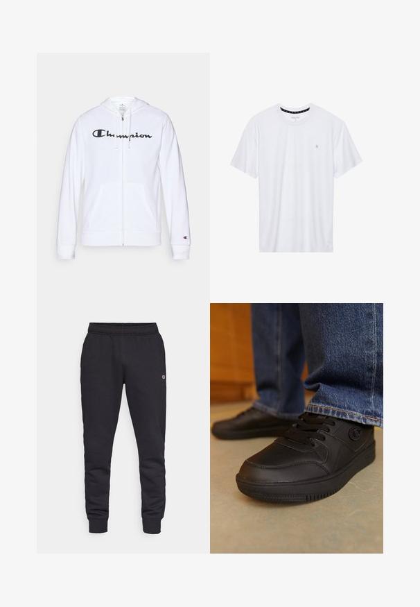 White zip-up hoodie made of soft fabric, featuring a black "Champion" logo on the chest, kangaroo pockets, and ribbed cuffs.; White crewneck t-shirt made of cotton, featuring short sleeves and a small logo embroidered on the left chest area. Soft texture.; Black cotton sweatpants with an elastic waistband and cuffs. Features logo detail on the side. Smooth texture, tapered design.; Black sneakers with smooth, synthetic material. Features lace-up closure and textured accents on the upper. Rubber sole with tread pattern.