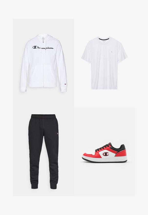Sudadera blanca con cremallera hecha de tela suave, que presenta un logo negro de "Champion" en el pecho, bolsillos tipo canguro y puños acanalados.; Camiseta de algodón de cuello redondo en color blanco, con mangas cortas y un pequeño logo bordado en el área del pecho izquierdo. Textura suave.; Pantalones de chándal negros de algodón con cintura elástica y puños ajustados. Presenta un detalle de logotipo en el lateral. Textura suave, diseño entallado.; Champion REBOUND 2 0 LOW - Zapatillas de baloncesto - red/white/new black