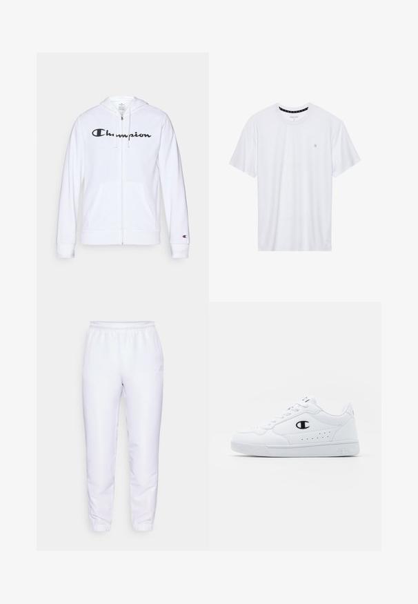 Biała bluza z kapturem na zamek, wykonana z miękkiego materiału, z czarnym logo "Champion" na piersi, kieszeniami kangurzymi i ściagaczami na rękawach.; Biała koszulka z okrągłym dekoltem, wykonana z bawełny, z krótkimi rękawami i małym haftowanym logo po lewej stronie na klatce piersiowej. Miękka w dotyku.; Białe spodnie sportowe wykonane z gładkiego, lekkiego materiału. Posiadają elastyczny pasek w talii oraz zwężane mankiety. Podstawowy detal z logo po boku.; Białe sportowe sneakersy z gładką syntetyczną cholewką, czarnym akcentem logo i perforowanymi detalami po boku. Gumowa podeszwa.