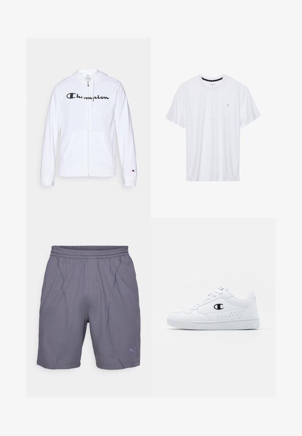 Bela zip-up kapuca iz mehkega materiala, s črnim logotipom "Champion" na prsih, kengurujskimi žepi in rebrastimi manšetami.; Belo majica s kratkimi rokavi iz bombaža, z okroglim izrezom, ki na levem delu prsnega koša nosi majhen izvezen logotip. Mehka tekstura.; Sive kratke hlače za šport z elastičnim pasom, opremljene z šivi in majhnim logotipom na spodnji levi strani. Narejene so iz lahkega materiala.; Bela atletska športna obutev z gladkim sintetičnim zgornjim delom, črnimi logotipnimi detajli in perforacijami na strani. Guma podplat.