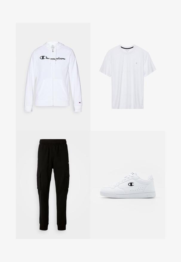 Witte zip-up hoodie van zachte stof, met een zwart "Champion" logo op de borst, kangoeroe zakken en geribbelde manchetten.; Witte crewneck t-shirt van katoen, met korte mouwen en een klein logo geborduurd op de linkerborst. Zachte textuur.; Zwarte cargobroek van een katoenmix, met een elastische tailleband, twee zijzakken en boorden voor een taps toelopende pasvorm.; Witte sportschoenen met een glad bovenwerk van synthetisch materiaal, zwarte logoaccenten en geperforeerde details aan de zijkant. Rubberen zool.