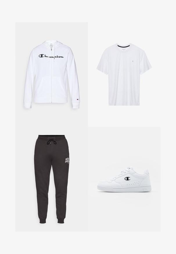 White zip-up hoodie made of soft fabric, featuring a black "Champion" logo on the chest, kangaroo pockets, and ribbed cuffs.; White crewneck t-shirt made of cotton, featuring short sleeves and a small logo embroidered on the left chest area. Soft texture.; Black sweatpants made of soft material, featuring a drawstring waist, ribbed cuffs, and a white logo detail on the left leg.; White athletic sneakers with a smooth synthetic upper, black logo accent, and perforated detailing on the side. Rubber sole.
