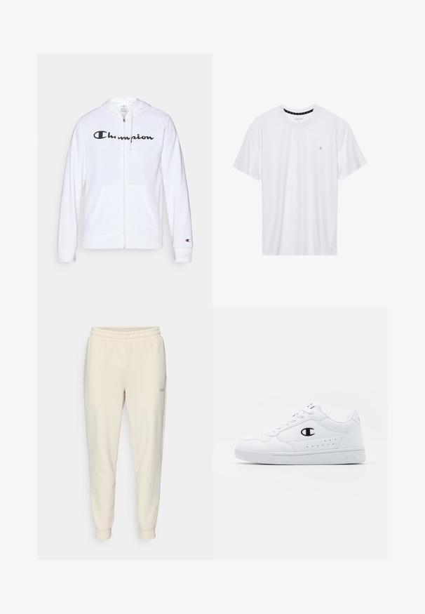 Fehér zipzáros kapucnis felső, puha anyagból készült, fekete "Champion" logóval a mellkasán, kenguruzsebekkel és bordás mandzsettákkal.; Fehér, pamutból készült folt nélküli póló, rövid ujjakkal és a bal melle részén elhelyezett, hímzett kis logóval. Puha tapintású.; Világos bézs színű, zsinóros derékpánttal ellátott melegítőnadrág, elasztikus derékb clásszsal, kantároznú bokákkal, oldalsó zsebekkel és egy kis logóval a bal combon.; Fehér sportcipők sima, szintetikus felsőrésszel, fekete logóval és perforált részletekkel az oldalon. Gumi talp.
