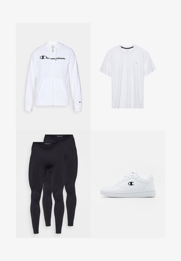 Felpa bianca con zip realizzata in tessuto morbido, con un logo "Champion" nero sul petto, tasche a kangaroo e polsini a costine.; T-shirt bianca a girocollo realizzata in cotone, con maniche corte e un piccolo logo ricamato sulla parte sinistra del petto. Texture morbida.; Leggings neri realizzati in un tessuto liscio ed elastico. Presentano una vita alta e un design aderente. Due paia esposti insieme.; Sneakers atletici bianchi con pelle sintetica liscia, accento del logo nero e dettagli perforati sul lato. Suola in gomma.