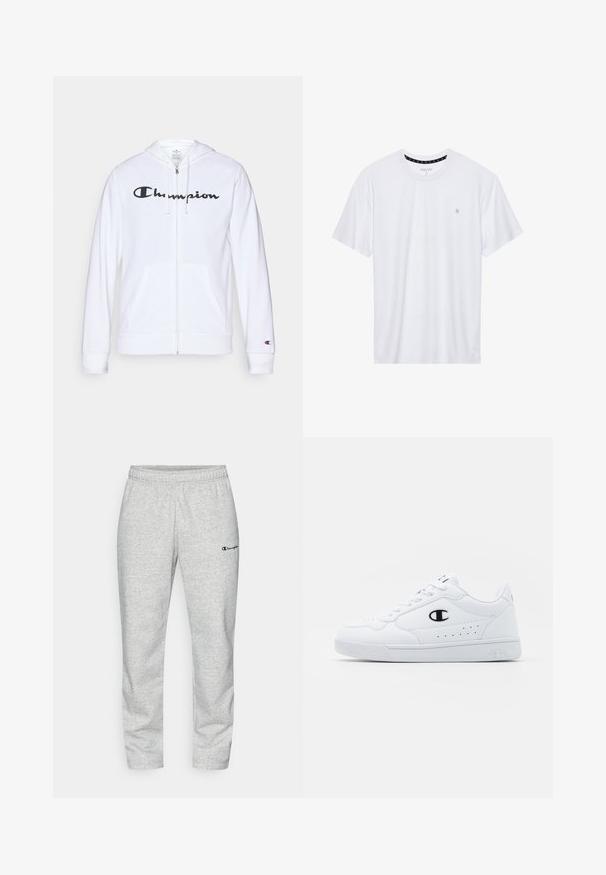 Witte zip-up hoodie van zachte stof, met een zwart "Champion" logo op de borst, kangoeroe zakken en geribbelde manchetten.; Witte crewneck t-shirt van katoen, met korte mouwen en een klein logo geborduurd op de linkerborst. Zachte textuur.; Grijze joggingbroek van een katoenmix, met een elastische tailleband en een klein geborduurd logo in marineblauw op het linkerpunt.; Witte sportschoenen met een glad bovenwerk van synthetisch materiaal, zwarte logoaccenten en geperforeerde details aan de zijkant. Rubberen zool.