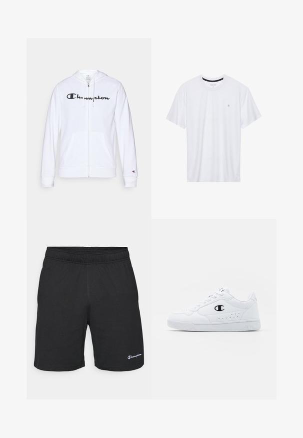 Hanorac alb cu fermoar, fabricat dintr-un material moale, având un logo negru "Champion" pe piept, buzunare tip kangaroo și manșete ribbate.; Tricou alb cu guler rotund, realizat din bumbac, cu mâneci scurte și un mic logo brodat în zona stângă a pieptului. Textură moale.; Pantaloni scurți sport negri cu un talie elastica, dintr-un material moale, având un mic logo alb în colțul din stânga jos.; Adidași albi pentru sport, cu o parte superioară din material sintetic neted, accent cu logo negru și detalii perforate pe lateral. Talpă din cauciuc.