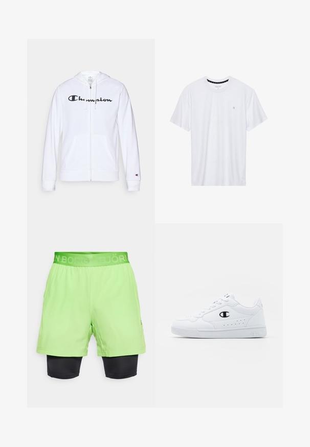 Sweatshirt branca com fecho, feita de tecido macio, apresentando um logótipo preto da "Champion" no peito, bolsos canguru e punhos canelados.; Camiseta branca de gola redonda feita de algodão, com mangas curtas e um pequeno logótipo bordado na área do peito esquerdo. Textura suave.; Calções atléticos verdes com um cós correspondente, apresentando uma camada interna de compressão preta. O material é suave com detalhes de costura mínimos.; Sapatilhas brancas de desporto com um cabedal sintético liso, detalhes em preto no logótipo e perfurações na lateral. Sola em borracha.