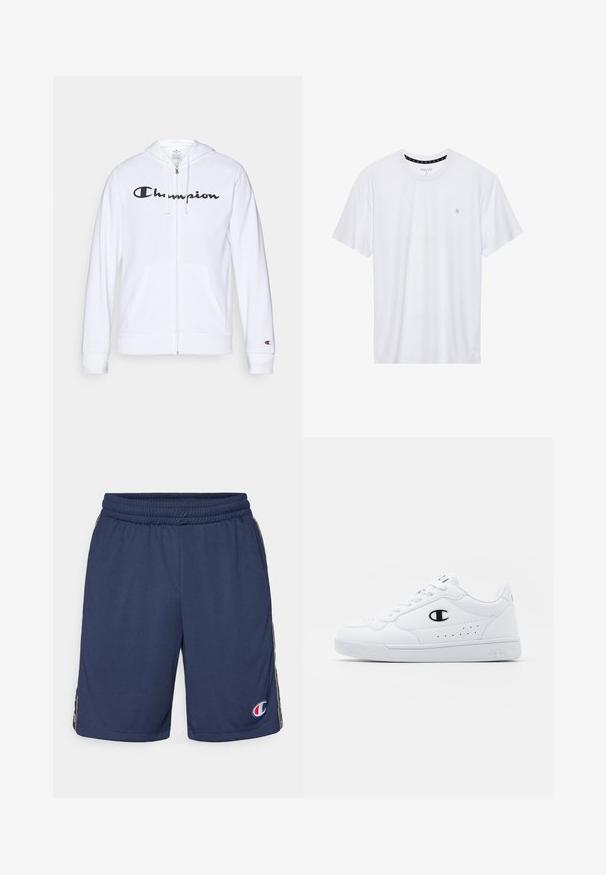 Sweatshirt branca com fecho, feita de tecido macio, apresentando um logótipo preto da "Champion" no peito, bolsos canguru e punhos canelados.; Camiseta branca de gola redonda feita de algodão, com mangas curtas e um pequeno logótipo bordado na área do peito esquerdo. Textura suave.; Calções de desporto azul-marinho com um cós elástico, apresentando riscas laterais e um pequeno logótipo na bainha esquerda. Fabricados em tecido respirável.; Sapatilhas brancas de desporto com um cabedal sintético liso, detalhes em preto no logótipo e perfurações na lateral. Sola em borracha.