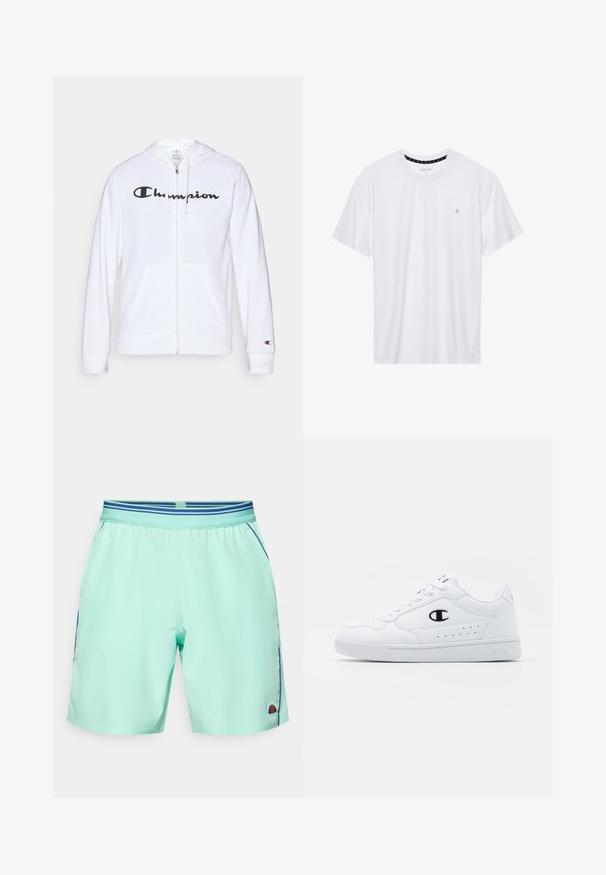 Valge tõmbluku eest avanev kapuutsiga pusa, mis on valmistatud pehmest kangast. Ees on must "Champion" logo, taskud on nagu känguru taskud ja varrukaotsad on soonilised.; Valge ümar kaelusega T-särk, mis on valmistatud puuvillast, lühikeste varrukatega ja vasakus rinnas on väike tikand. Pehme tekstuur.; Heledad roheline sportlik lühike püksid elastse kummipaela ja siniste triipudega. Sisaldab küljetaskuid ja väikest logodetaili aluses.; Valged spordijalatsid, millel on sile sünteetiline pealmine osa, must logo aktsent ja perforatsioonid külgedel. Kummikreen.