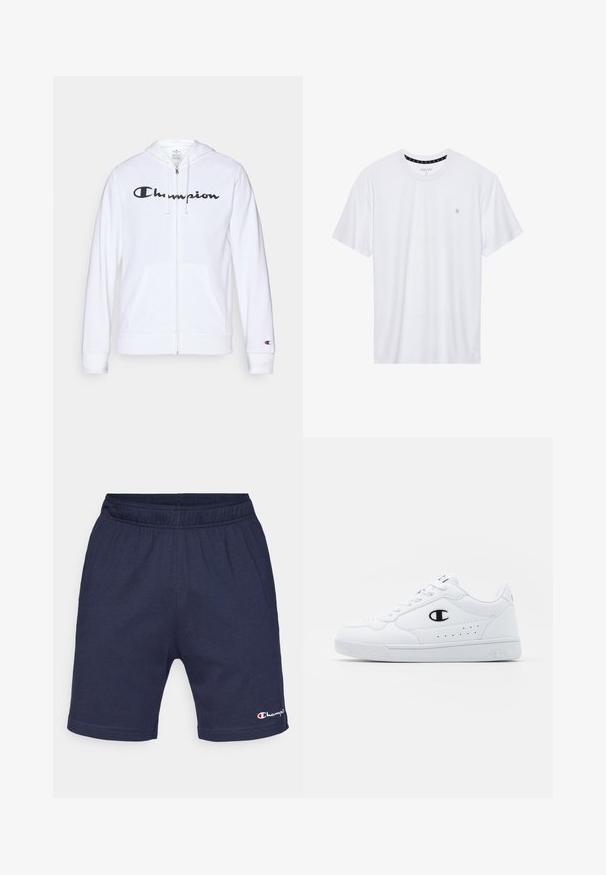 Valge tõmbluku eest avanev kapuutsiga pusa, mis on valmistatud pehmest kangast. Ees on must "Champion" logo, taskud on nagu känguru taskud ja varrukaotsad on soonilised.; Valge ümar kaelusega T-särk, mis on valmistatud puuvillast, lühikeste varrukatega ja vasakus rinnas on väike tikand. Pehme tekstuur.; Tumedate sinised puuvillased lühikesed püksid elastse vöökohtaga, mille vasakus servas on väike valge logo ja sujuv, kerge tekstuur.; Valged spordijalatsid, millel on sile sünteetiline pealmine osa, must logo aktsent ja perforatsioonid külgedel. Kummikreen.