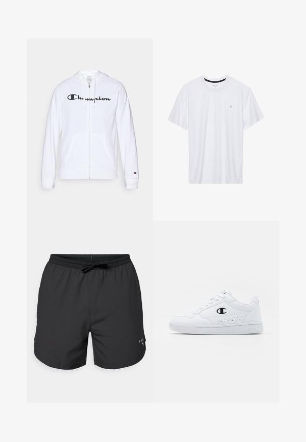 Sweatshirt branca com fecho, feita de tecido macio, apresentando um logótipo preto da "Champion" no peito, bolsos canguru e punhos canelados.; Camiseta branca de gola redonda feita de algodão, com mangas curtas e um pequeno logótipo bordado na área do peito esquerdo. Textura suave.; Calções de banho pretos com cintura elástica e cordão. Tecido leve com bolsos laterais. Apresenta um pequeno logótipo na bainha.; Sapatilhas brancas de desporto com um cabedal sintético liso, detalhes em preto no logótipo e perfurações na lateral. Sola em borracha.