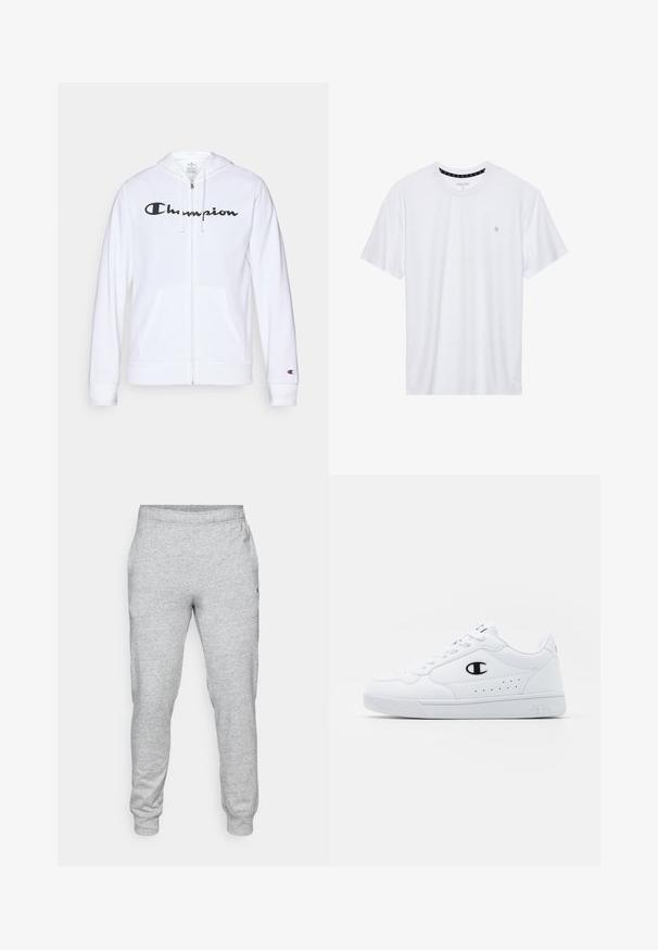 Witte zip-up hoodie van zachte stof, met een zwart "Champion" logo op de borst, kangoeroe zakken en geribbelde manchetten.; Witte crewneck t-shirt van katoen, met korte mouwen en een klein logo geborduurd op de linkerborst. Zachte textuur.; Grijze sweatpants gemaakt van zacht, gestructureerd materiaal, met een elastische tailleband en taps toelopende benen, voorzien van een klein logo aan de zijkant.; Witte sportschoenen met een glad bovenwerk van synthetisch materiaal, zwarte logoaccenten en geperforeerde details aan de zijkant. Rubberen zool.