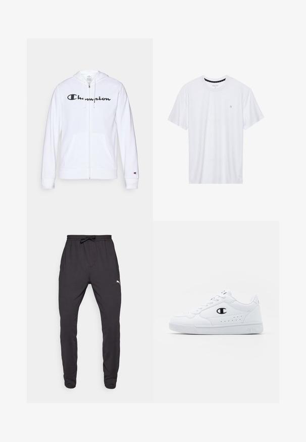 Witte zip-up hoodie van zachte stof, met een zwart "Champion" logo op de borst, kangoeroe zakken en geribbelde manchetten.; Witte crewneck t-shirt van katoen, met korte mouwen en een klein logo geborduurd op de linkerborst. Zachte textuur.; Zwarte sportieve broek van zachte stof, met een elastische tailleband met trekkoord, zijzakken en een klein logo op het onderbeen.; Witte sportschoenen met een glad bovenwerk van synthetisch materiaal, zwarte logoaccenten en geperforeerde details aan de zijkant. Rubberen zool.