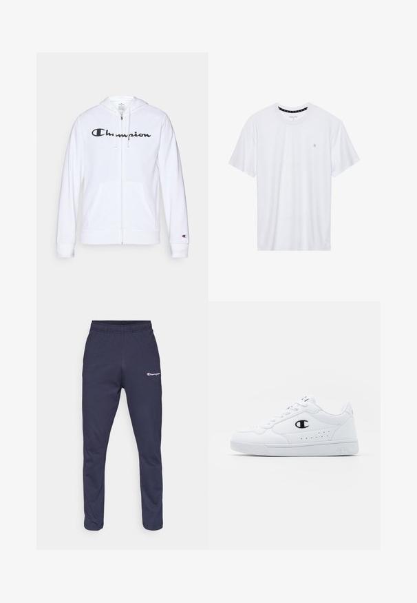 Witte zip-up hoodie van zachte stof, met een zwart "Champion" logo op de borst, kangoeroe zakken en geribbelde manchetten.; Witte crewneck t-shirt van katoen, met korte mouwen en een klein logo geborduurd op de linkerborst. Zachte textuur.; Marineblauwe sweatpants met een elastische tailleband, taps toelopende benen en een klein wit 'Champion' logo aan de bovenlinke kant. Zachte stoftextuur.; Witte sportschoenen met een glad bovenwerk van synthetisch materiaal, zwarte logoaccenten en geperforeerde details aan de zijkant. Rubberen zool.