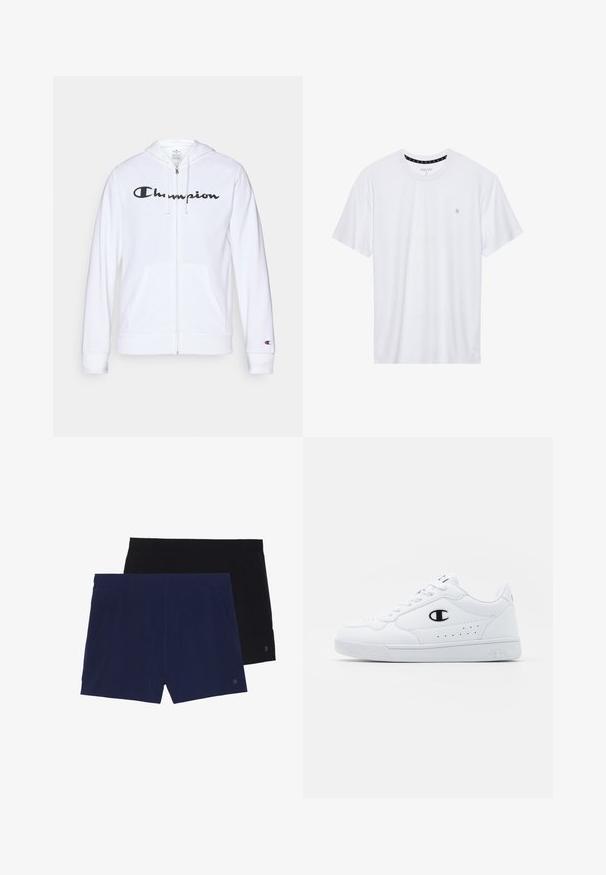 Sweatshirt branca com fecho, feita de tecido macio, apresentando um logótipo preto da "Champion" no peito, bolsos canguru e punhos canelados.; Camiseta branca de gola redonda feita de algodão, com mangas curtas e um pequeno logótipo bordado na área do peito esquerdo. Textura suave.; Dois pares de calções: um azul-marinho e um preto. Feitos de tecido macio com cintura elástica e bolsos laterais. Cores sólidas e simples.; Sapatilhas brancas de desporto com um cabedal sintético liso, detalhes em preto no logótipo e perfurações na lateral. Sola em borracha.