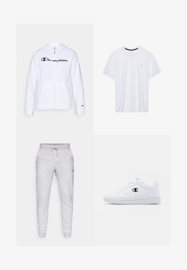 Weißer Reißverschluss-Hoodie aus weichem Stoff, mit einem schwarzen "Champion"-Logo auf der Brust, Kängurutaschen und gerippten Bündchen.; Weißes Crewneck-T-Shirt aus Baumwolle, mit kurzen Ärmeln und einem kleinen, auf der linken Brustseite gestickten Logo. Weiche Textur.; Grau Fleece-Jogginghosen mit einem Kordelzugbund, tailliertem Bein Design, Seitentaschen und kleinem schwarzem Logo auf dem linken Oberschenkel.; Weißes sportliches Sneakerpaar mit glattem, synthetischen Obermaterial, schwarzem Logo-Akzent und perforierten Details an der Seite. Gummisohle.