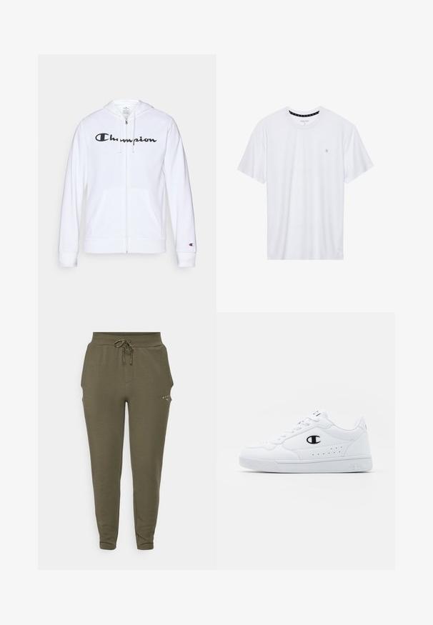 White zip-up hoodie made of soft fabric, featuring a black "Champion" logo on the chest, kangaroo pockets, and ribbed cuffs.; White crewneck t-shirt made of cotton, featuring short sleeves and a small logo embroidered on the left chest area. Soft texture.; Olive green sweatpants with elastic waistband and adjustable drawstring, featuring a slim fit and subtle logo near the pocket.; White athletic sneakers with a smooth synthetic upper, black logo accent, and perforated detailing on the side. Rubber sole.