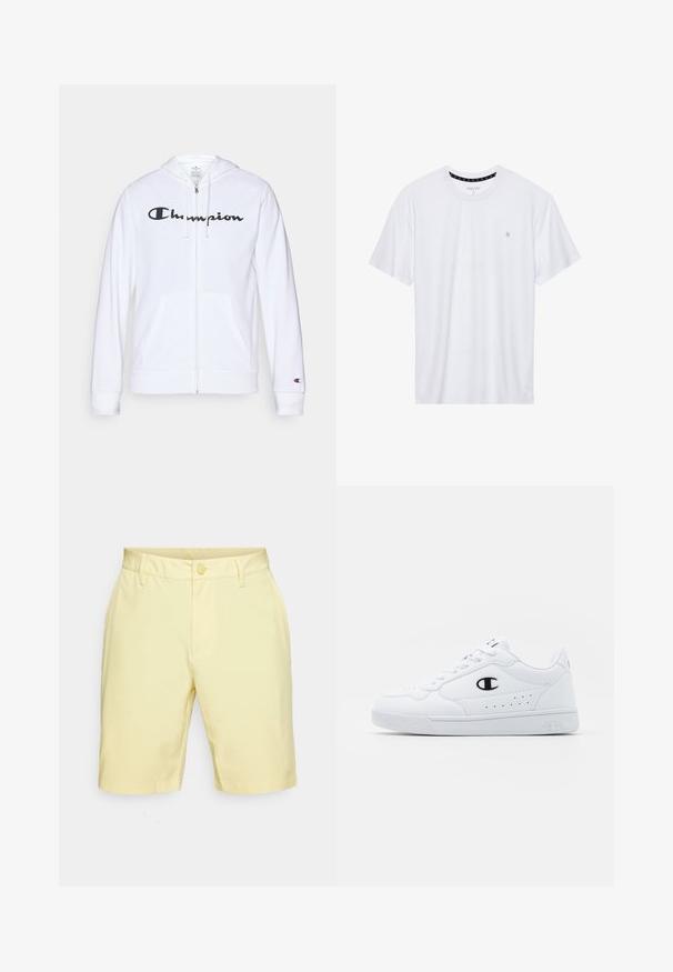 Sweatshirt branca com fecho, feita de tecido macio, apresentando um logótipo preto da "Champion" no peito, bolsos canguru e punhos canelados.; Camiseta branca de gola redonda feita de algodão, com mangas curtas e um pequeno logótipo bordado na área do peito esquerdo. Textura suave.; Calções de algodão amarelos com frente lisa, passantes para cinto, fecho com um único botão e bolsos laterais. Bainhas simples.; Sapatilhas brancas de desporto com um cabedal sintético liso, detalhes em preto no logótipo e perfurações na lateral. Sola em borracha.