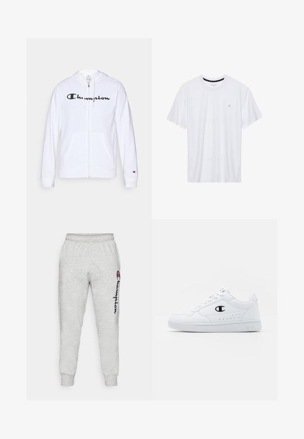 Balts zip-up džemperis, izgatavots no mīkstas auduma, ar melnu "Champion" logotipu uz krūtīm, kengura kabatām un ribotām piedurknēm.; Balts krekliņš ar apaļu kakla izgriezumu, izgatavots no kokvilnas, ar īsām piedurknēm un mazu logo izšuvumu kreisajā krūtīs. Mīksta tekstūra.; Gaiši pelēkas kokvilnas sporta bikses ar ribotām piedurknēm, ar vertikālu tumši zilu "Champion" logotipu un smalku tekstūru. Elastīgs jostasvieta komfortam.; Baltas sporta apavi ar gludu sintētisku augšdaļu, melnu logotipa akcentu un perforētu apdari sānos. Gumijas zole.