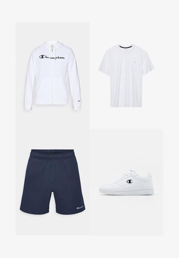 Valge tõmbluku eest avanev kapuutsiga pusa, mis on valmistatud pehmest kangast. Ees on must "Champion" logo, taskud on nagu känguru taskud ja varrukaotsad on soonilised.; Valge ümar kaelusega T-särk, mis on valmistatud puuvillast, lühikeste varrukatega ja vasakus rinnas on väike tikand. Pehme tekstuur.; Tumesinine spordishortsid, mis on valmistatud pehmest kangast, elastse vööjoonega ja väikese valge logoga vasakul alumises servas.; Valged spordijalatsid, millel on sile sünteetiline pealmine osa, must logo aktsent ja perforatsioonid külgedel. Kummikreen.