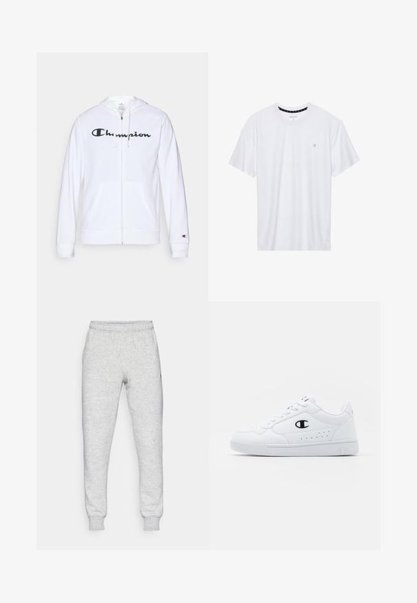 Weißer Reißverschluss-Hoodie aus weichem Stoff, mit einem schwarzen "Champion"-Logo auf der Brust, Kängurutaschen und gerippten Bündchen.; Weißes Crewneck-T-Shirt aus Baumwolle, mit kurzen Ärmeln und einem kleinen, auf der linken Brustseite gestickten Logo. Weiche Textur.; Graue Sweatpants aus einer weichen Baumwollmischung, mit einem elastischen Bund, schmal zulaufenden Beinen und einem kleinen Logo im linken Taschenbereich.; Weißes sportliches Sneakerpaar mit glattem, synthetischen Obermaterial, schwarzem Logo-Akzent und perforierten Details an der Seite. Gummisohle.