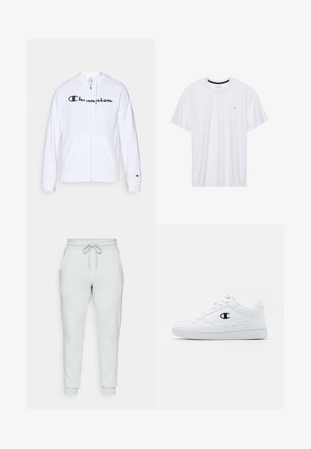 Balts zip-up džemperis, izgatavots no mīkstas auduma, ar melnu "Champion" logotipu uz krūtīm, kengura kabatām un ribotām piedurknēm.; Balts krekliņš ar apaļu kakla izgriezumu, izgatavots no kokvilnas, ar īsām piedurknēm un mazu logo izšuvumu kreisajā krūtīs. Mīksta tekstūra.; Gaiši pelēkas sporta bikses ar auklas jostu, sānu kabatām un ribotiem piedurknēm. Izgatavotas no mīkstas auduma ar gludu tekstūru.; Baltas sporta apavi ar gludu sintētisku augšdaļu, melnu logotipa akcentu un perforētu apdari sānos. Gumijas zole.