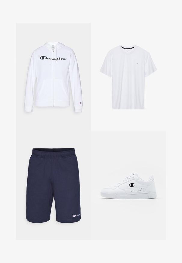 Sudadera blanca con cremallera hecha de tela suave, que presenta un logo negro de "Champion" en el pecho, bolsillos tipo canguro y puños acanalados.; Camiseta de algodón de cuello redondo en color blanco, con mangas cortas y un pequeño logo bordado en el área del pecho izquierdo. Textura suave.; Shorts deportivos en color navy hechos de una tela suave, con una cinturilla elástica y un pequeño logo de Champion en la parte inferior derecha.; Zapatillas deportivas blancas con un upper sintético suave, acento del logo en negro y detalles perforados en los laterales. Suela de goma.