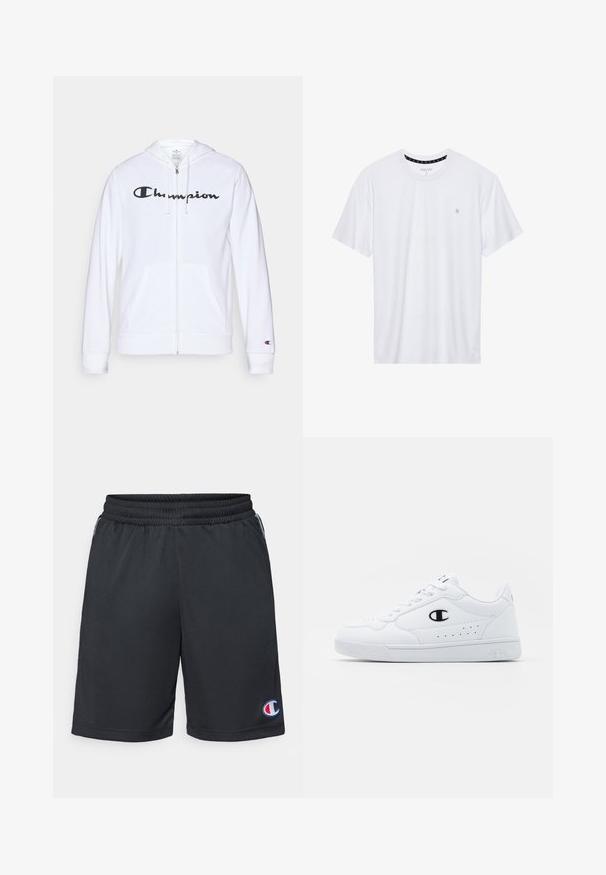 Sudadera blanca con cremallera hecha de tela suave, que presenta un logo negro de "Champion" en el pecho, bolsillos tipo canguro y puños acanalados.; Camiseta de algodón de cuello redondo en color blanco, con mangas cortas y un pequeño logo bordado en el área del pecho izquierdo. Textura suave.; Pantalones cortos deportivos negros con cintura elástica, textura suave, diseño que llega a la rodilla, con un pequeño logo de color en la parte inferior de la pierna izquierda.; Zapatillas deportivas blancas con un upper sintético suave, acento del logo en negro y detalles perforados en los laterales. Suela de goma.