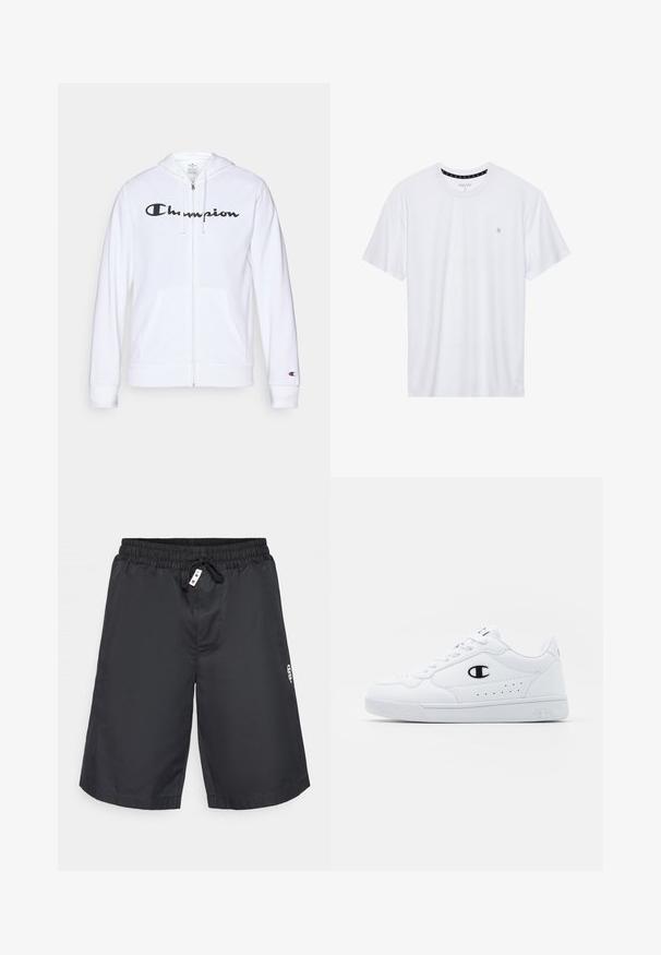 Balta užtrauktuku užsegama džemperis, pagamintas iš minkštos medžiagos, su juodu "Champion" logotipu krūtinėje, kengūrų tipo kišenėmis ir ribotu rankogaliais.; Balta apvalios kaklo marškinėliai, pagaminti iš medvilnės, su trumpomis rankovėmis ir mažuoju logotipu, išsiuvinėtu kairėje krūtinės pusėje. Minkštas audinys.; Juodi maudymosi šortai su elastinga juosta ir raišteliu. Pagaminti iš lengvos medžiagos su lygiu paviršiumi ir maža logotipo detale šone.; Baltos sportinės kedai su lygiu sintetinės medžiagos viršumi, juodu logotipo akcentu ir perforuotomis detalėmis šonuose. Gumos padas.