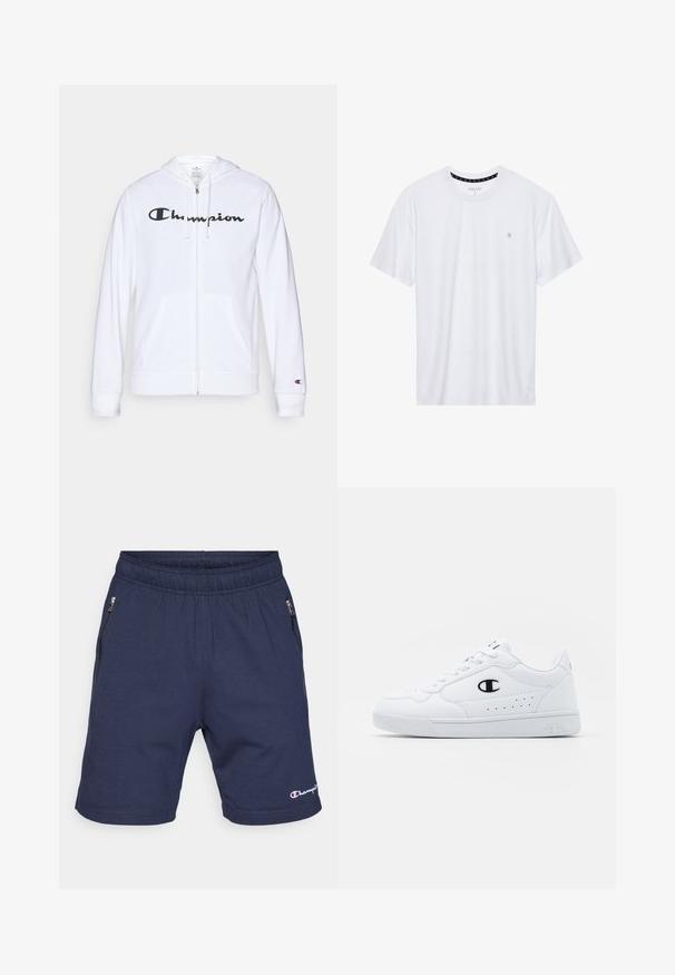 Sudadera blanca con cremallera hecha de tela suave, que presenta un logo negro de "Champion" en el pecho, bolsillos tipo canguro y puños acanalados.; Camiseta de algodón de cuello redondo en color blanco, con mangas cortas y un pequeño logo bordado en el área del pecho izquierdo. Textura suave.; Pantalones cortos azul marino con cinturilla elástica, dos bolsillos laterales con cremallera y un pequeño logo bordado en el dobladillo. Tejido suave y elástico.; Zapatillas deportivas blancas con un upper sintético suave, acento del logo en negro y detalles perforados en los laterales. Suela de goma.