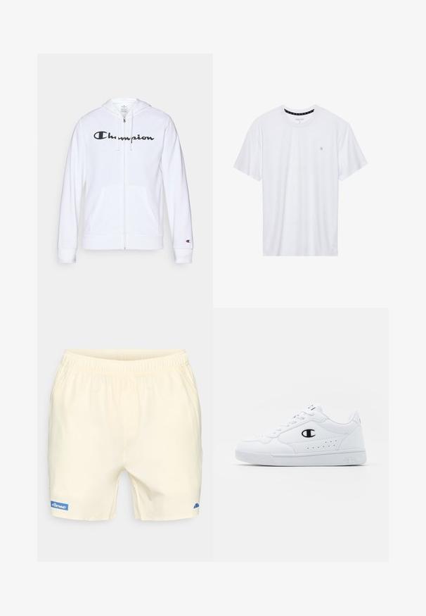 Sudadera blanca con cremallera hecha de tela suave, que presenta un logo negro de "Champion" en el pecho, bolsillos tipo canguro y puños acanalados.; Camiseta de algodón de cuello redondo en color blanco, con mangas cortas y un pequeño logo bordado en el área del pecho izquierdo. Textura suave.; Pantalones cortos amarillos claros para hombre con cintura elástica, con el logo azul de ellesse en la pierna izquierda y un pequeño emblema azul en la pierna derecha.; Zapatillas deportivas blancas con un upper sintético suave, acento del logo en negro y detalles perforados en los laterales. Suela de goma.