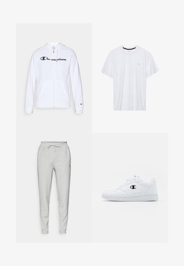 Bela zip-up kapuca iz mehkega materiala, s črnim logotipom "Champion" na prsih, kengurujskimi žepi in rebrastimi manšetami.; Belo majica s kratkimi rokavi iz bombaža, z okroglim izrezom, ki na levem delu prsnega koša nosi majhen izvezen logotip. Mehka tekstura.; Svetlosivi športni hlače iz mehkega blaga, z elastičnim pasom z vrvico, stranskimi žepi in zoženimi hlačnicami.; Bela atletska športna obutev z gladkim sintetičnim zgornjim delom, črnimi logotipnimi detajli in perforacijami na strani. Guma podplat.