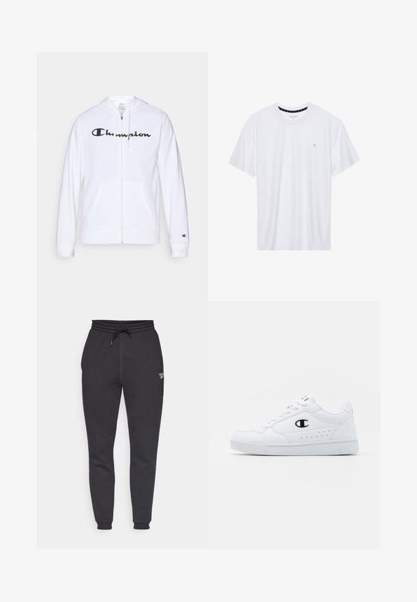 White zip-up hoodie made of soft fabric, featuring a black "Champion" logo on the chest, kangaroo pockets, and ribbed cuffs.; White crewneck t-shirt made of cotton, featuring short sleeves and a small logo embroidered on the left chest area. Soft texture.; Reebok IDENTITY SMALL LOGO JOGGER - Tracksuit bottoms - black; White athletic sneakers with a smooth synthetic upper, black logo accent, and perforated detailing on the side. Rubber sole.