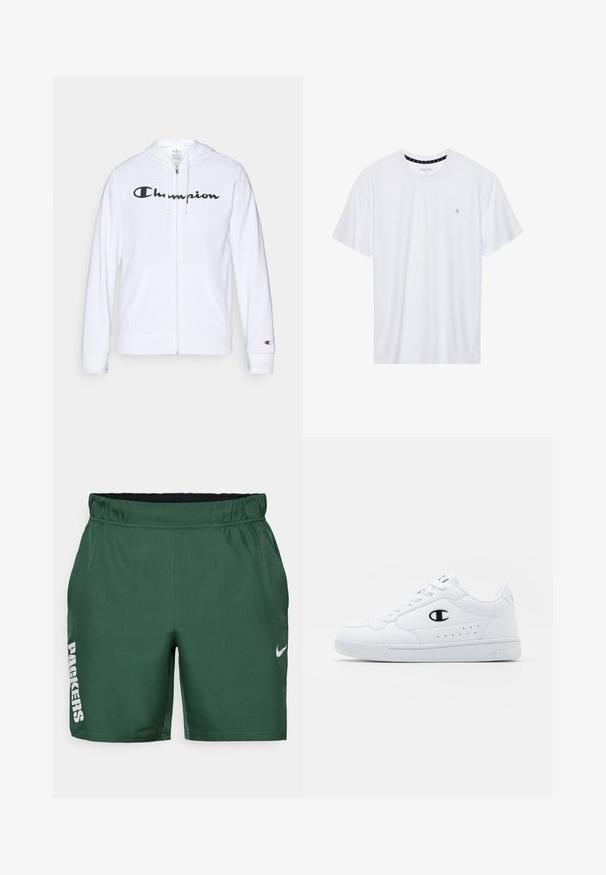 Sweatshirt branca com fecho, feita de tecido macio, apresentando um logótipo preto da "Champion" no peito, bolsos canguru e punhos canelados.; Camiseta branca de gola redonda feita de algodão, com mangas curtas e um pequeno logótipo bordado na área do peito esquerdo. Textura suave.; Calções de desporto verdes feitos de tecido suave. Apresentam um cós elástico, logo impresso "PACKERS" em branco e o swoosh da Nike em cinza.; Sapatilhas brancas de desporto com um cabedal sintético liso, detalhes em preto no logótipo e perfurações na lateral. Sola em borracha.