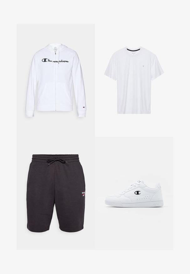 White zip-up hoodie made of soft fabric, featuring a black "Champion" logo on the chest, kangaroo pockets, and ribbed cuffs.; White crewneck t-shirt made of cotton, featuring short sleeves and a small logo embroidered on the left chest area. Soft texture.; Black athletic shorts made of soft fabric, featuring an elastic waistband with a drawstring and side pockets. Small logo on front.; White athletic sneakers with a smooth synthetic upper, black logo accent, and perforated detailing on the side. Rubber sole.