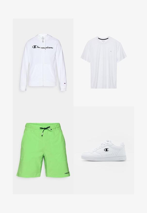 Witte zip-up hoodie van zachte stof, met een zwart "Champion" logo op de borst, kangoeroe zakken en geribbelde manchetten.; Witte crewneck t-shirt van katoen, met korte mouwen en een klein logo geborduurd op de linkerborst. Zachte textuur.; Lichtgroene shorts met een elastische tailleband, een verstelbaar zwart trekkoord en een logoaccent. Soepele textuur met zijzakken.; Witte sportschoenen met een glad bovenwerk van synthetisch materiaal, zwarte logoaccenten en geperforeerde details aan de zijkant. Rubberen zool.
