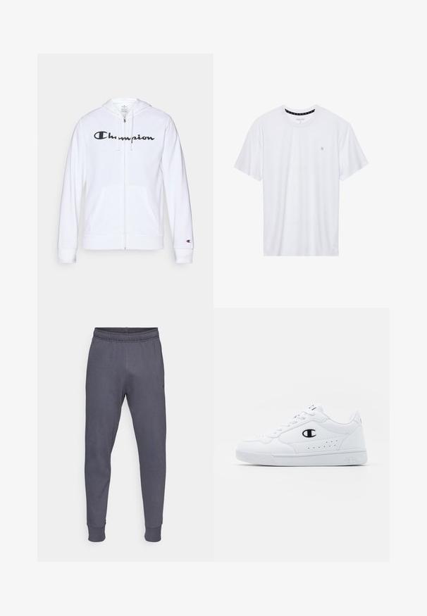 Hvit zip-up hettegenser laget av myk stoff, med en svart "Champion" logo på brystet, kengurulommer og ribbede mansjetter.; Hvit crewneck t-skjorte laget av bomull, med korte ermer og en liten logo brodert på venstre brystområde. Myk tekstur.; Grå joggebukser med elastisk midje, innsnørede ben og ribbede mansjetter. Laget av mykt, stretchy stoff. Liten logo på siden.; Hvite atletiske joggesko med en glatt syntetisk overdel, svart logo-akcent og perforerte detaljer på siden. Gummisåle.