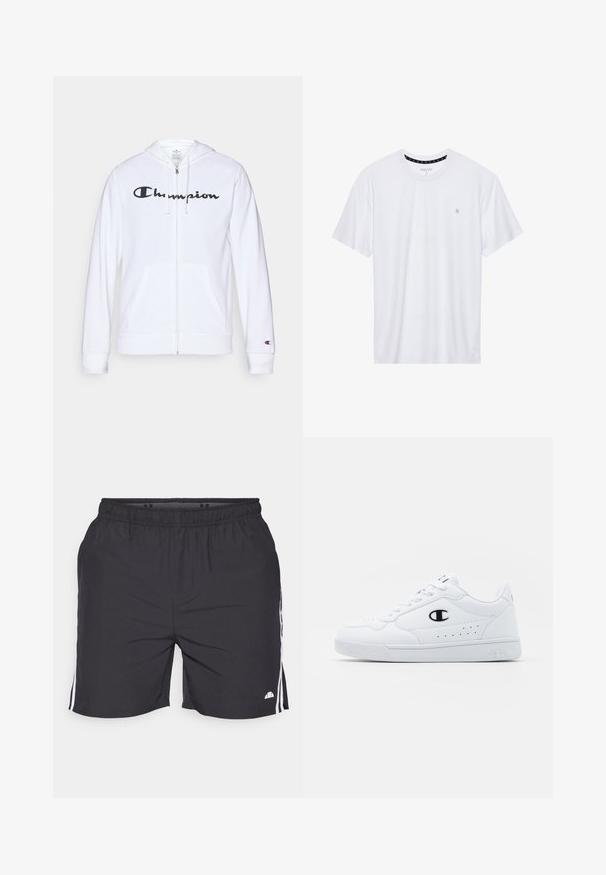 Valkoinen vetoketjullinen huppari, joka on valmistettu pehmeästä kankaasta. Hupparissa on musta "Champion"-logo rinnassa, kengurupocketsit ja ribbauskkeet.; Valkoinen pyöreäkauluksinen t-paita, joka on valmistettu puuvillasta. Siinä on lyhyet hihat ja pieni logo brodeerattuna vasempaan rintakehään. Pehmeä pinta.; Mustat urheilushortsit, joissa on joustava vyötärö, valkoiset sivuraidat ja pieni logo oikeassa alakulmassa. Kevyt kangas.; Valkoiset urheilunikenrät, joissa on sileä synteettinen päällinen, musta logo-aksentti ja rei'itetty yksityiskohta sivuilla. Kumipohja.