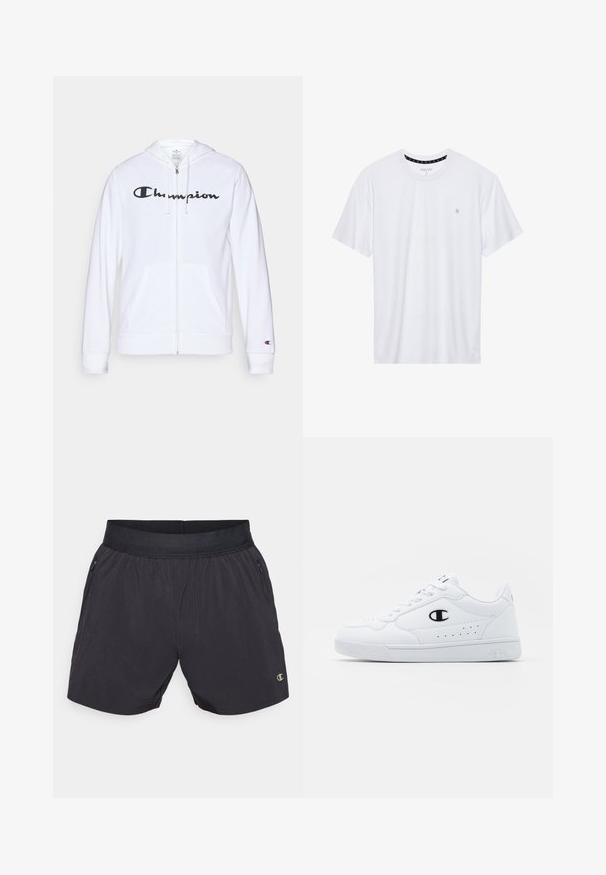 Valge tõmbluku eest avanev kapuutsiga pusa, mis on valmistatud pehmest kangast. Ees on must "Champion" logo, taskud on nagu känguru taskud ja varrukaotsad on soonilised.; Valge ümar kaelusega T-särk, mis on valmistatud puuvillast, lühikeste varrukatega ja vasakus rinnas on väike tikand. Pehme tekstuur.; Kerged mustad spordishortsid, mis on valmistatud kergest kangast, elastse vöökoha, küljetaskute ja väikese logoga hemil.; Valged spordijalatsid, millel on sile sünteetiline pealmine osa, must logo aktsent ja perforatsioonid külgedel. Kummikreen.