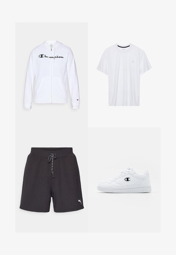 Bela zip-up kapuca iz mehkega materiala, s črnim logotipom "Champion" na prsih, kengurujskimi žepi in rebrastimi manšetami.; Belo majica s kratkimi rokavi iz bombaža, z okroglim izrezom, ki na levem delu prsnega koša nosi majhen izvezen logotip. Mehka tekstura.; Črne atletske hlače z elastičnim pasom in nastavljivo vrvico. Imajo majhen bel znak na spodnji levi strani. Mehka tekstura tkanine.; Bela atletska športna obutev z gladkim sintetičnim zgornjim delom, črnimi logotipnimi detajli in perforacijami na strani. Guma podplat.