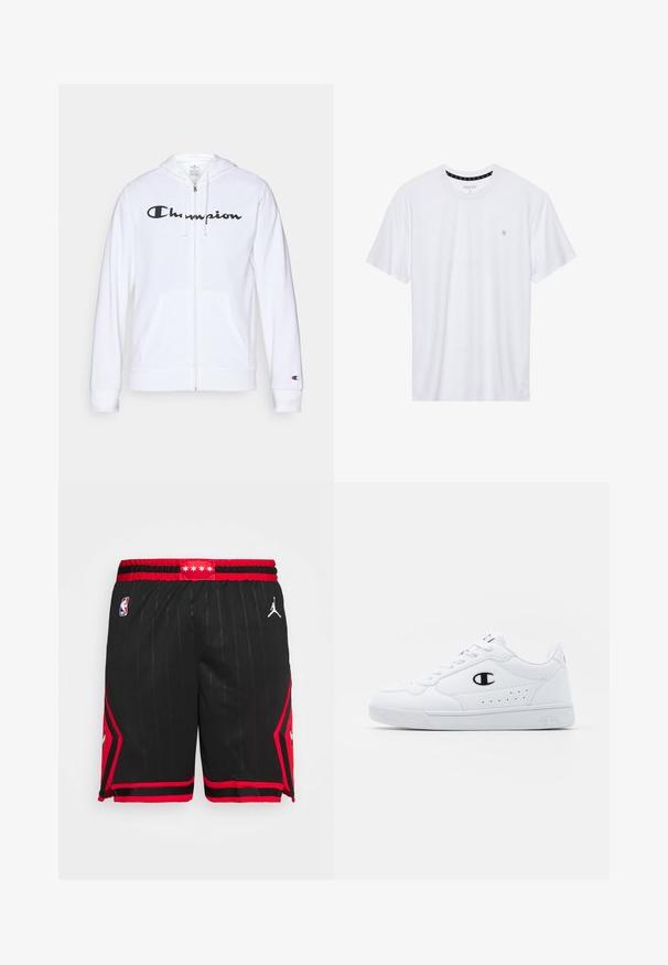 Fehér zipzáros kapucnis felső, puha anyagból készült, fekete "Champion" logóval a mellkasán, kenguruzsebekkel és bordás mandzsettákkal.; Fehér, pamutból készült folt nélküli póló, rövid ujjakkal és a bal melle részén elhelyezett, hímzett kis logóval. Puha tapintású.; Fekete kosárlabda rövidnadrág piros részletekkel és csíkos mintázattal, Jordan logóval és NBA címerrel a derékrészen. Erőteljes kontrasztú dizájn.; Fehér sportcipők sima, szintetikus felsőrésszel, fekete logóval és perforált részletekkel az oldalon. Gumi talp.