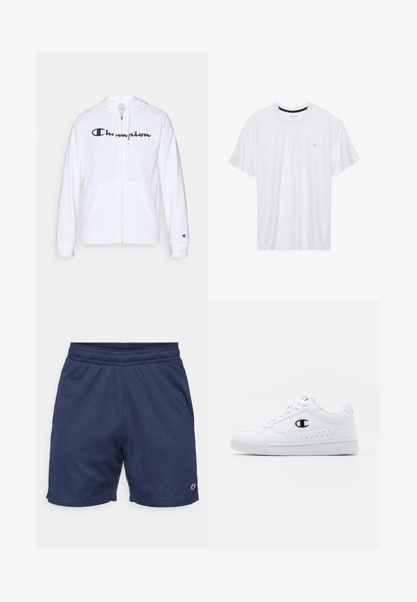 Vit zip-up hoodie i mjukt tyg, med en svart "Champion"-logotyp på bröstet, kängurufickor och ribbad mudd.; Vitt crewneck t-shirt i bomull, med korta ärmar och en liten logotyp broderad på vänstra bröstområdet. Mjuk textur.; Marina träningshorts i ventilerande meshmaterial. Har en elastisk midja och en logotypdetalj på nedre högra benet.; Vita atletiska sneakers med en slät syntetisk ovandel, svart logotypdetalj och perforerade detaljer på sidan. Gummisula.
