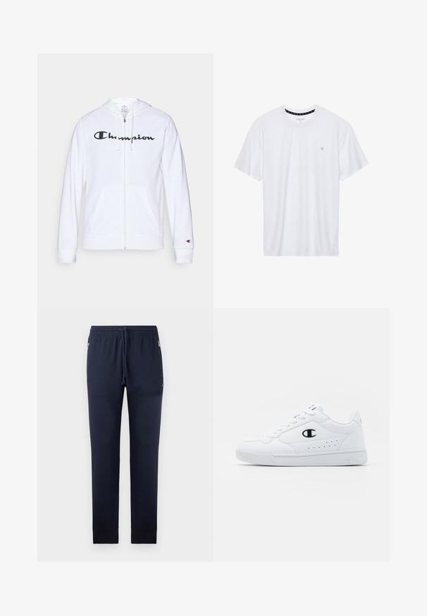 Sudadera blanca con cremallera hecha de tela suave, que presenta un logo negro de "Champion" en el pecho, bolsillos tipo canguro y puños acanalados.; Camiseta de algodón de cuello redondo en color blanco, con mangas cortas y un pequeño logo bordado en el área del pecho izquierdo. Textura suave.; Pantalones deportivos de color navy hechos de una mezcla de algodón, con una cintura con cordón, bolsillos laterales y puños acanalados. Diseño sencillo de pierna recta.; Zapatillas deportivas blancas con un upper sintético suave, acento del logo en negro y detalles perforados en los laterales. Suela de goma.