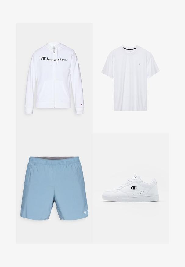 Valge tõmbluku eest avanev kapuutsiga pusa, mis on valmistatud pehmest kangast. Ees on must "Champion" logo, taskud on nagu känguru taskud ja varrukaotsad on soonilised.; Valge ümar kaelusega T-särk, mis on valmistatud puuvillast, lühikeste varrukatega ja vasakus rinnas on väike tikand. Pehme tekstuur.; Heledad sinine sportlikud lühikesed püksid elastse vöökohaga, valmistatud siledast ja kergest kangast, mille alumises paremas nurgas on väike valge logo.; Valged spordijalatsid, millel on sile sünteetiline pealmine osa, must logo aktsent ja perforatsioonid külgedel. Kummikreen.