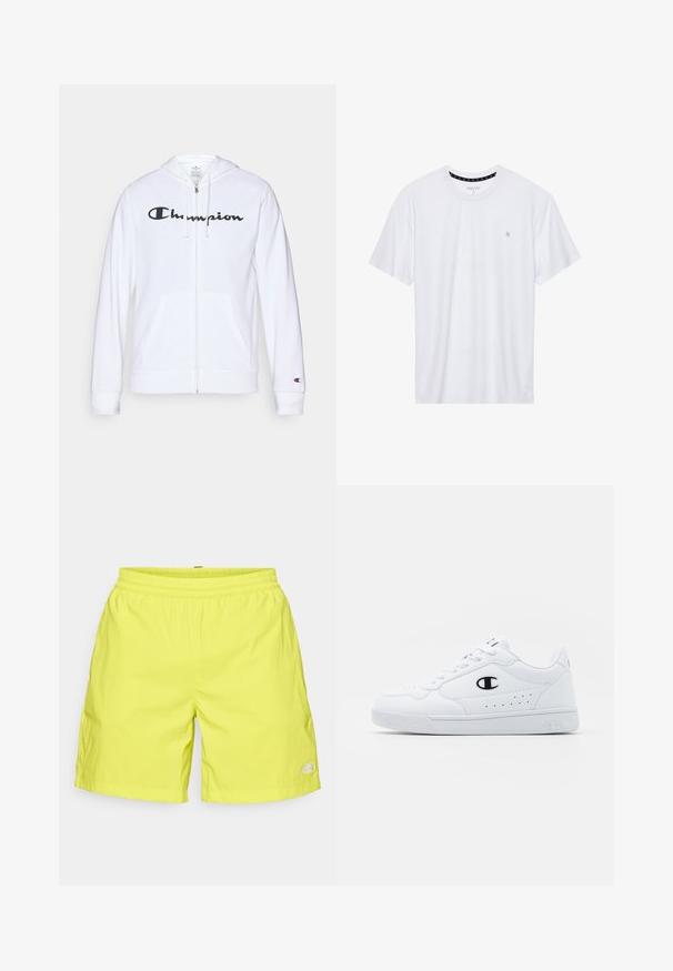 White zip-up hoodie made of soft fabric, featuring a black "Champion" logo on the chest, kangaroo pockets, and ribbed cuffs.; White crewneck t-shirt made of cotton, featuring short sleeves and a small logo embroidered on the left chest area. Soft texture.; Bright yellow swim shorts with an elastic waistband, a straight cut, and a small logo on the bottom right hem. Smooth fabric texture.; White athletic sneakers with a smooth synthetic upper, black logo accent, and perforated detailing on the side. Rubber sole.