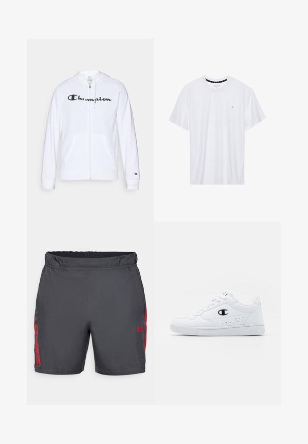 Balta užtrauktuku užsegama džemperis, pagamintas iš minkštos medžiagos, su juodu "Champion" logotipu krūtinėje, kengūrų tipo kišenėmis ir ribotu rankogaliais.; Balta apvalios kaklo marškinėliai, pagaminti iš medvilnės, su trumpomis rankovėmis ir mažuoju logotipu, išsiuvinėtu kairėje krūtinės pusėje. Minkštas audinys.; Pilkos sportinės šortai, pagaminti iš lengvos medžiagos, su elastingu juosmeniu ir raudonomis detalėmis šonuose, ant kurių stora rašyba užrašyta "CHIEFS".; Baltos sportinės kedai su lygiu sintetinės medžiagos viršumi, juodu logotipo akcentu ir perforuotomis detalėmis šonuose. Gumos padas.