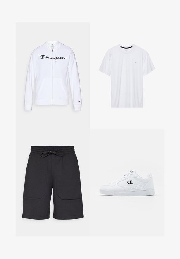 Bijela zip-up dukserica izrađena od mekog materijala, s crnim "Champion" logotipom na prsima, kengur džepovima i rebrastim manžetama.; Bijela majica s okruglim izrezom, izrađena od pamuka, s kratkim rukavima i malim logotipom izvezenim na lijevoj strani prsnog područja. Meka tekstura.; Crne atletske kratke hlače s elastičnom trakom u struku, vezicom i dva prednja džepa, s teksturiranim završetkom i ravnim krojem.; Bijele atletske tenisice s glatkim sintetičkim gornjištem, crnim logotipom i perforiranim detaljima sa strane. Guma potplat.