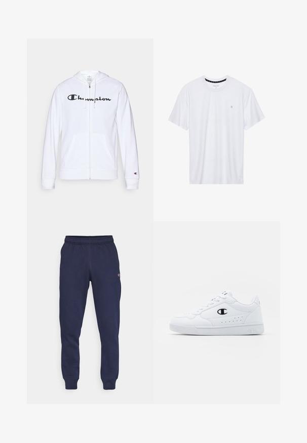 Hvit zip-up hettegenser laget av myk stoff, med en svart "Champion" logo på brystet, kengurulommer og ribbede mansjetter.; Hvit crewneck t-skjorte laget av bomull, med korte ermer og en liten logo brodert på venstre brystområde. Myk tekstur.; Mørkeblå joggebukser laget av myk stoff med elastisk midjebånd. Har ribbede mansjetter og en liten logo på den øverste låret.; Hvite atletiske joggesko med en glatt syntetisk overdel, svart logo-akcent og perforerte detaljer på siden. Gummisåle.